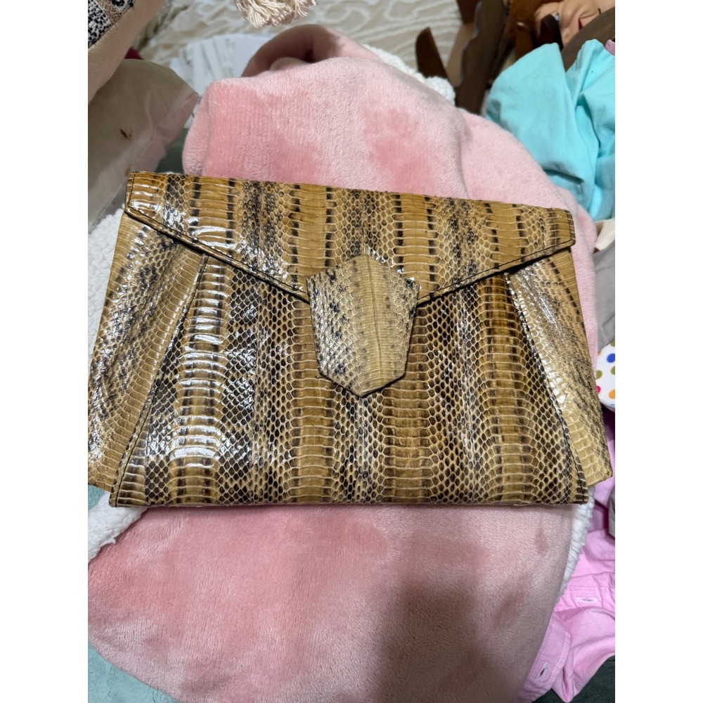Vintage‎ J. Renee Snakeskin Envelope Clutch Bag Tan Brown Exotic Skin Hong Kong